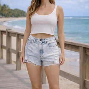 Abercrombie A&F High Rise Acid Wash Denim Shorts 27 / 4 Distressed Raw Hem Annie